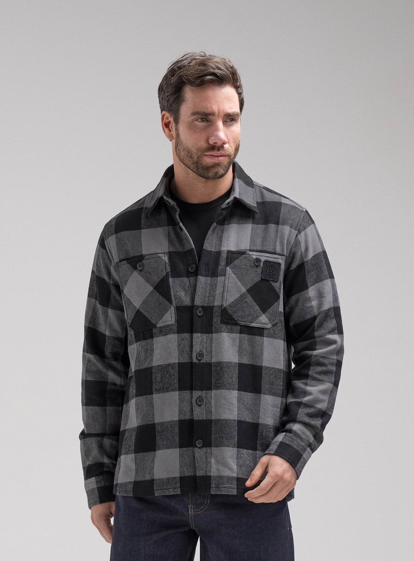 メンズウェア PREMIUM FLANNEL CHECK L/S SHIRT GRAY ThruDark Men's Grey Flannel Shirt Brushed Cotton Overshirt