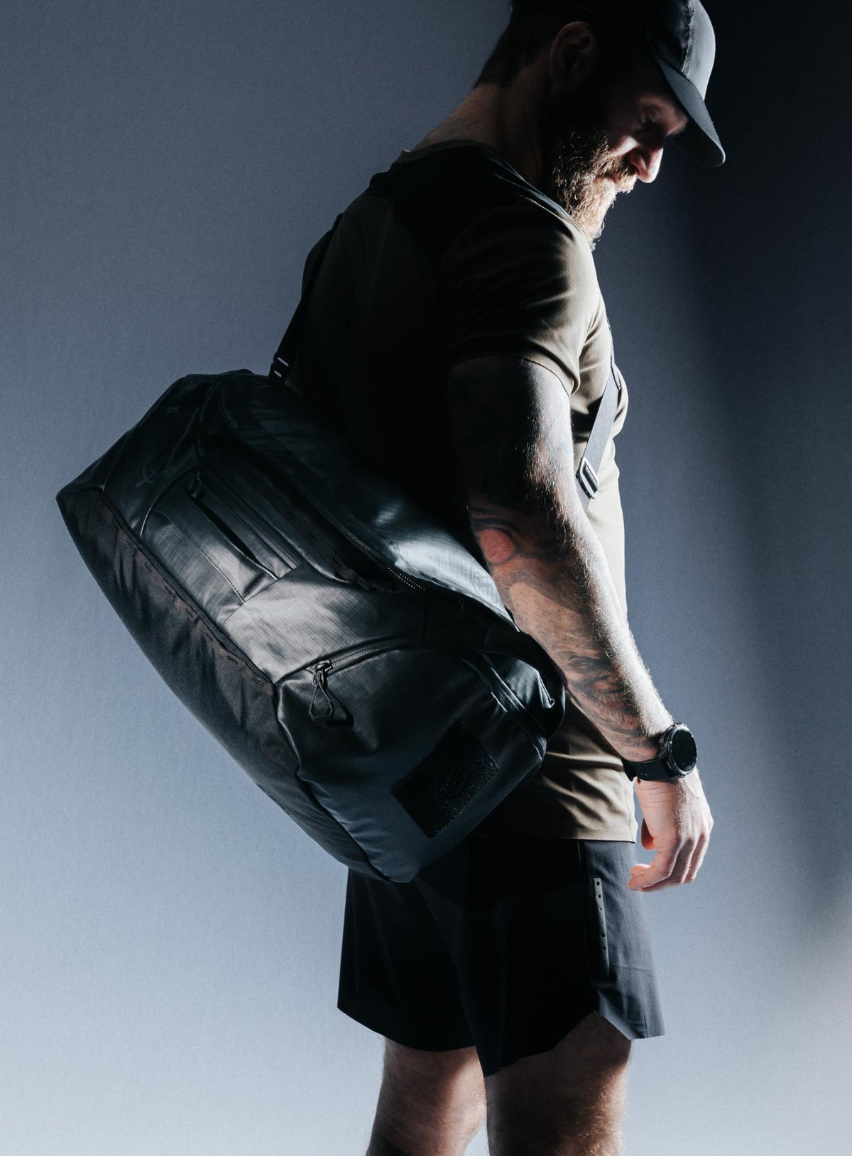 A creative studio shot of Citadel 45L Duffel Bag in Obsidian Black (CS)
