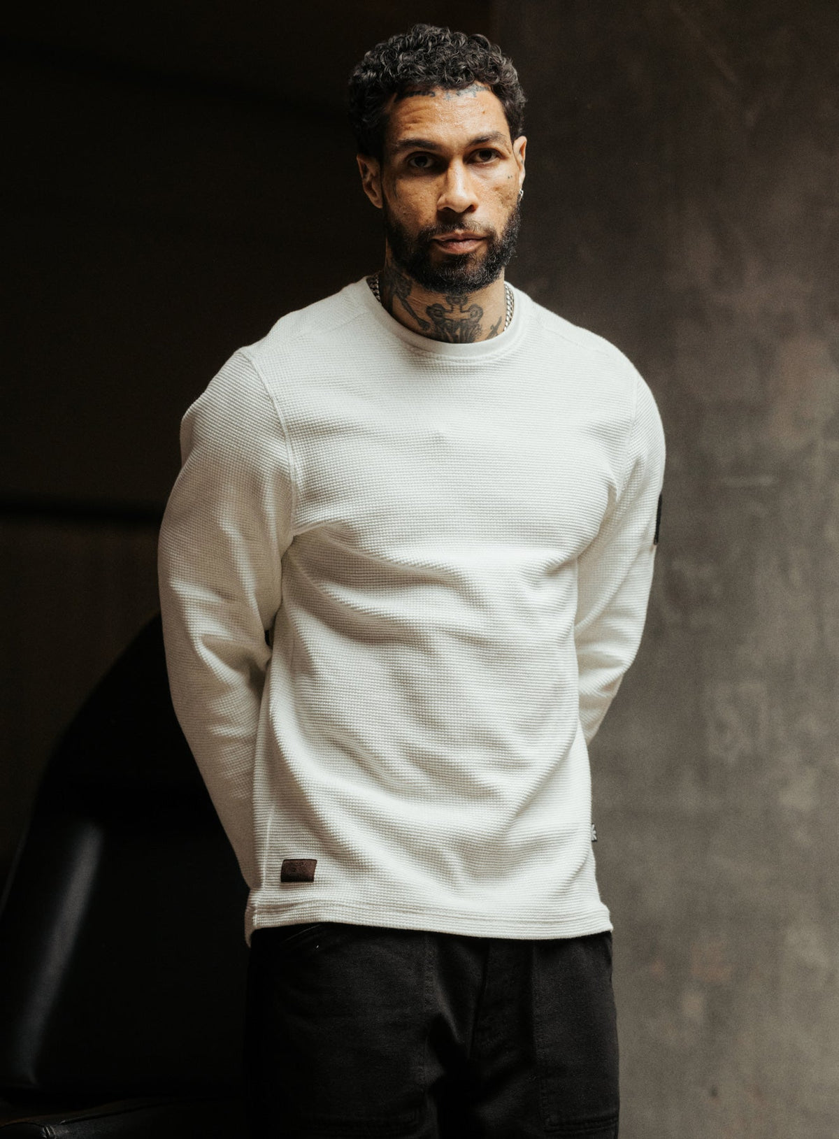 An in the field image of Men's Dissident Waffle Long Sleeve T-Shirt in Optic White (ITF)