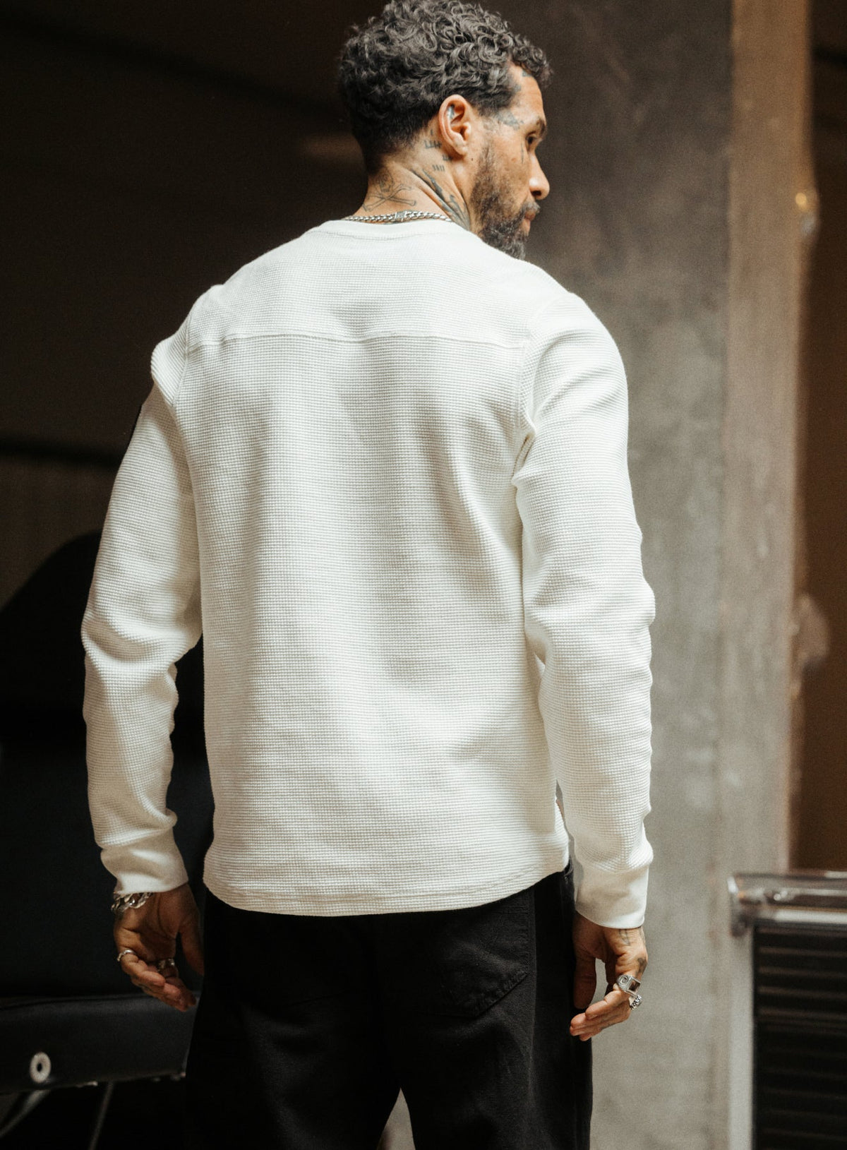 An in the field image of Men's Dissident Waffle Long Sleeve T-Shirt in Optic White (ITF)