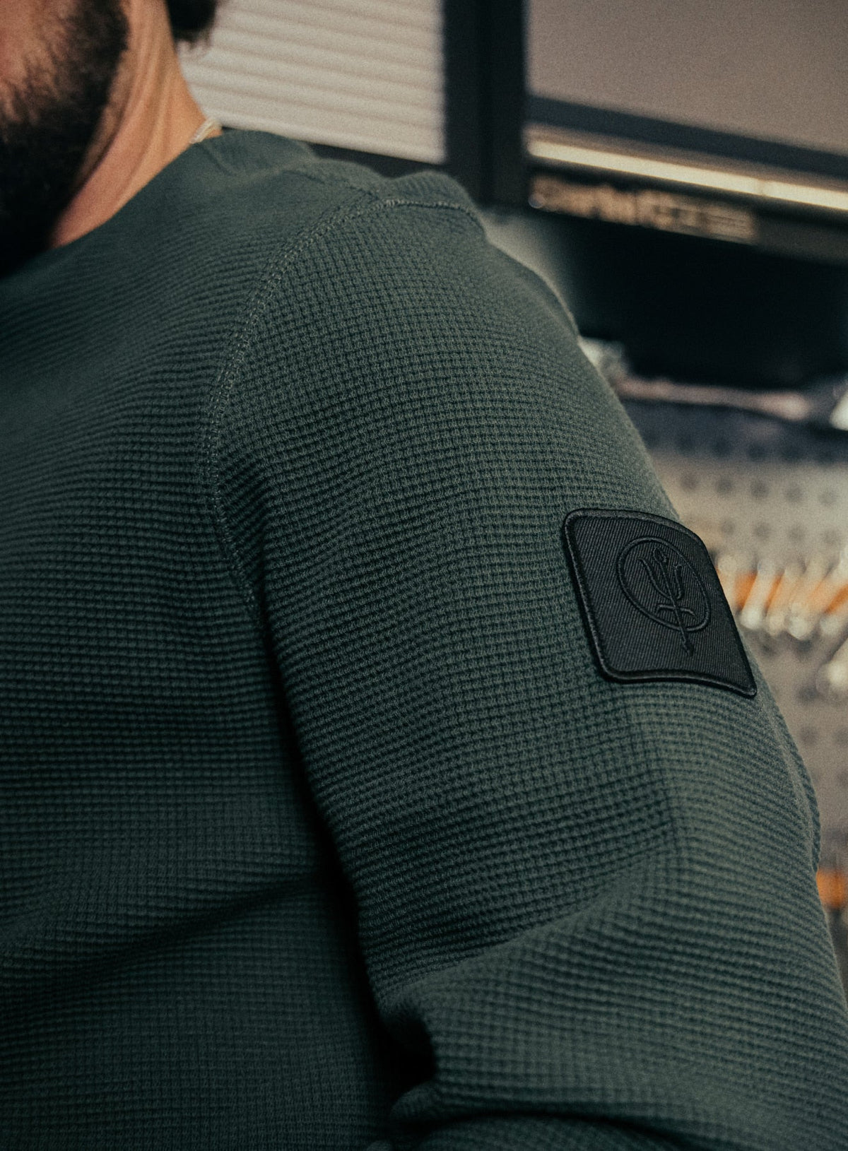 An in the field image of Men's Dissident Waffle Long Sleeve T-Shirt in Forest Green (ITF)