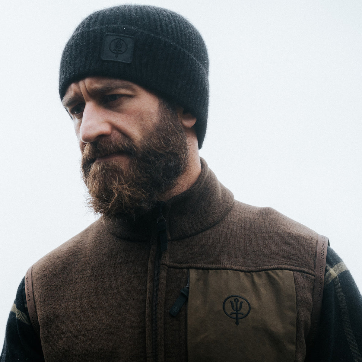 Brown HeriTech Moorland Gilet details of zip, ThruDark logo, panels and material 