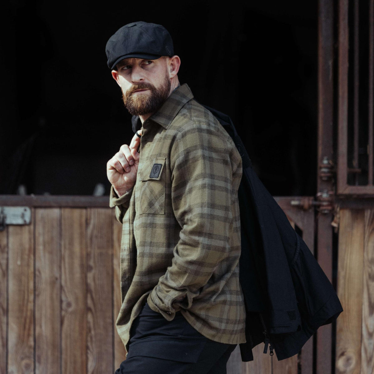 An in the field image of Men's HeriTech Badlands Flannel Shirt in Khaki (ITF)