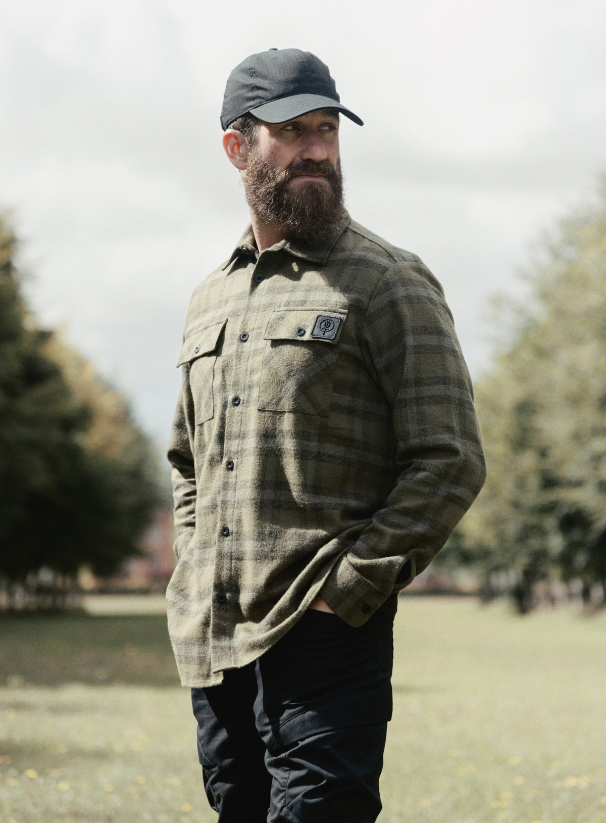 An in the field image of Men's HeriTech Badlands Flannel Shirt in Khaki (ITF)