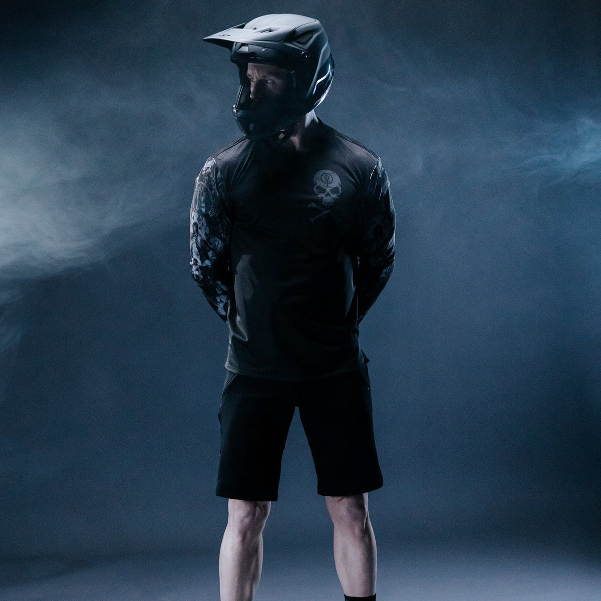 A creative studio shot of Men's Force Cadence Mtb Jersey in Black (CS)