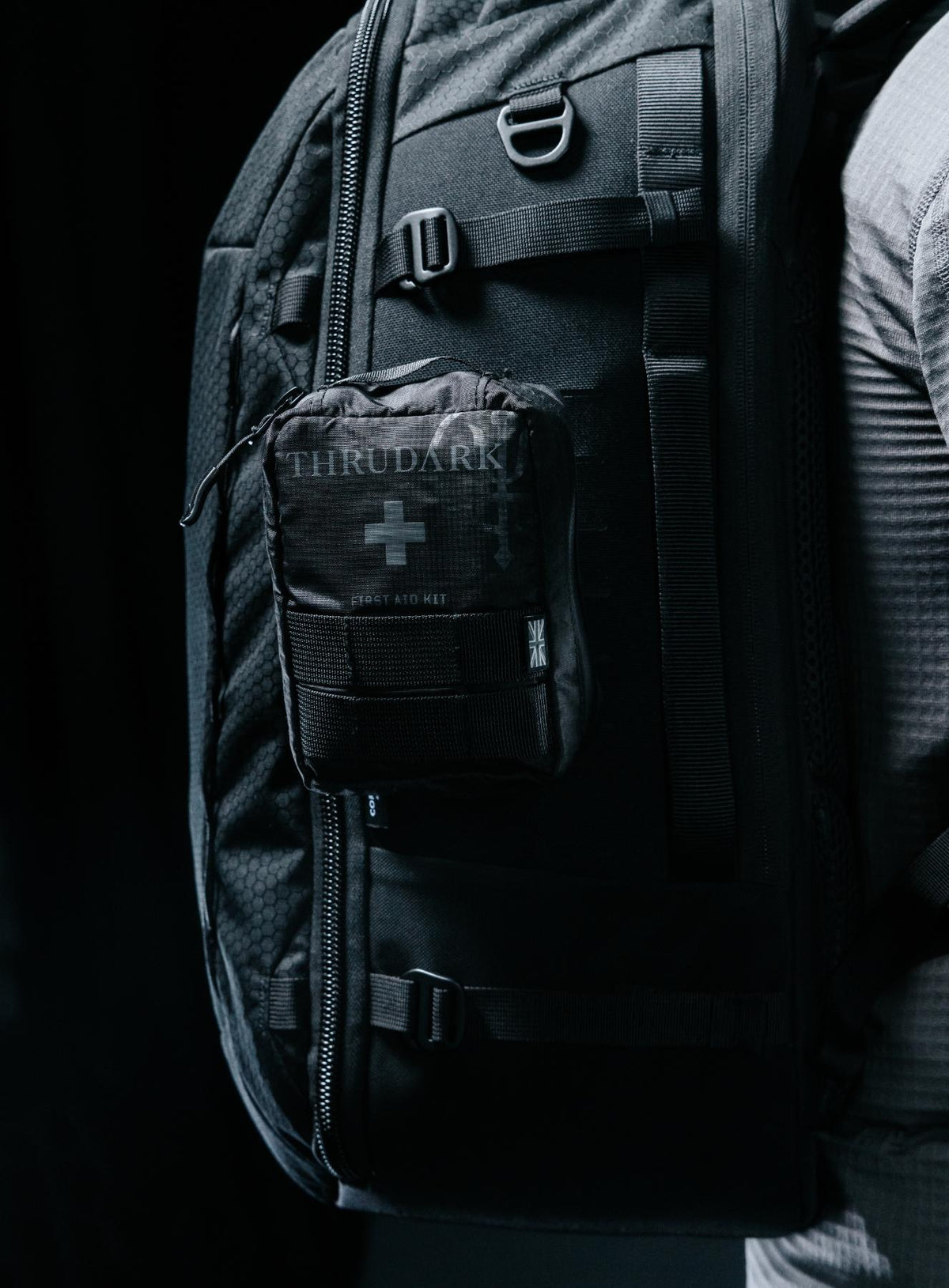 A creative studio shot of Phantom 40L Backpack in Obsidian Black (CS)