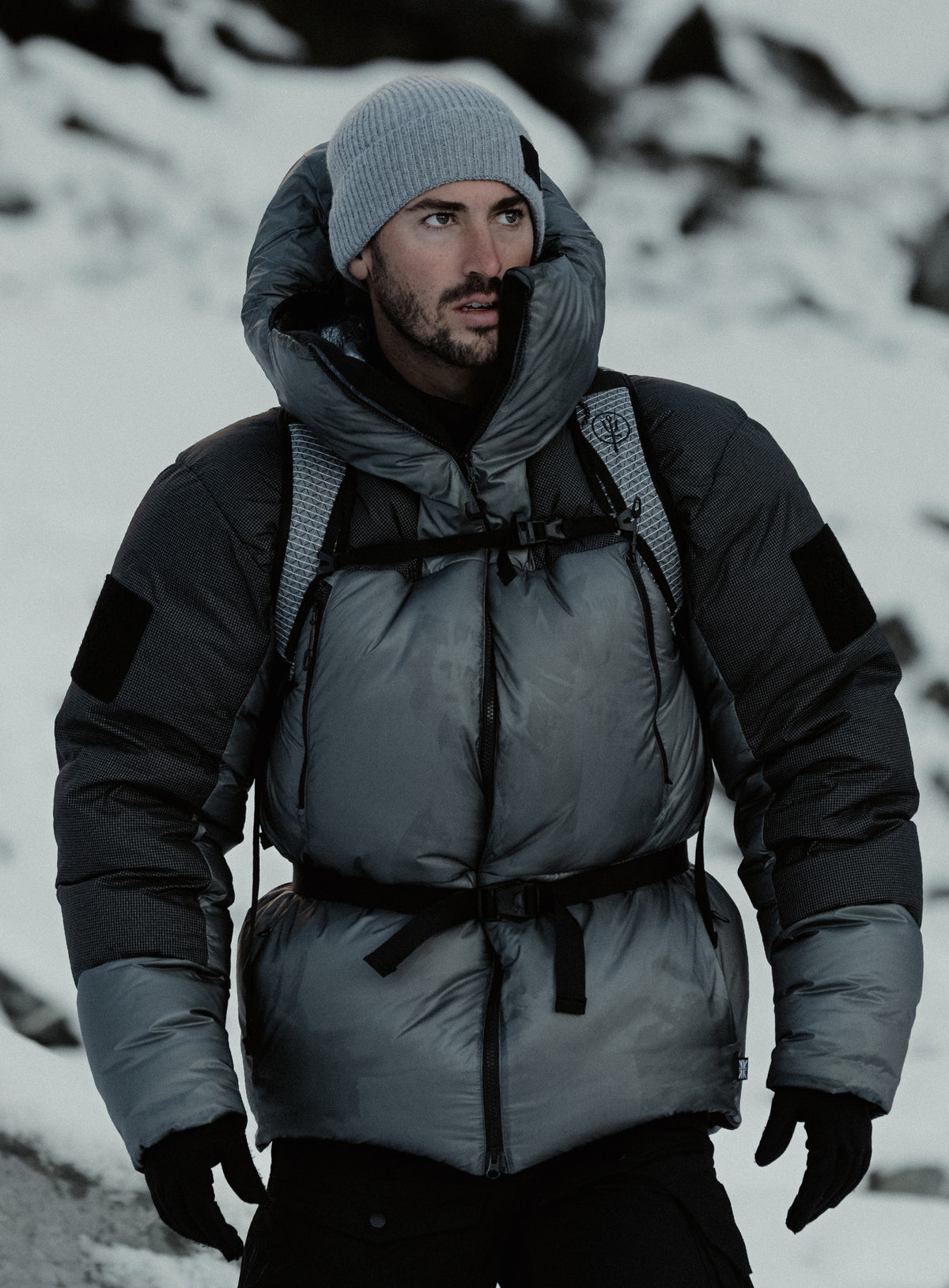 An in the field image of Breach Jacket in Antimony Grey (ITF)