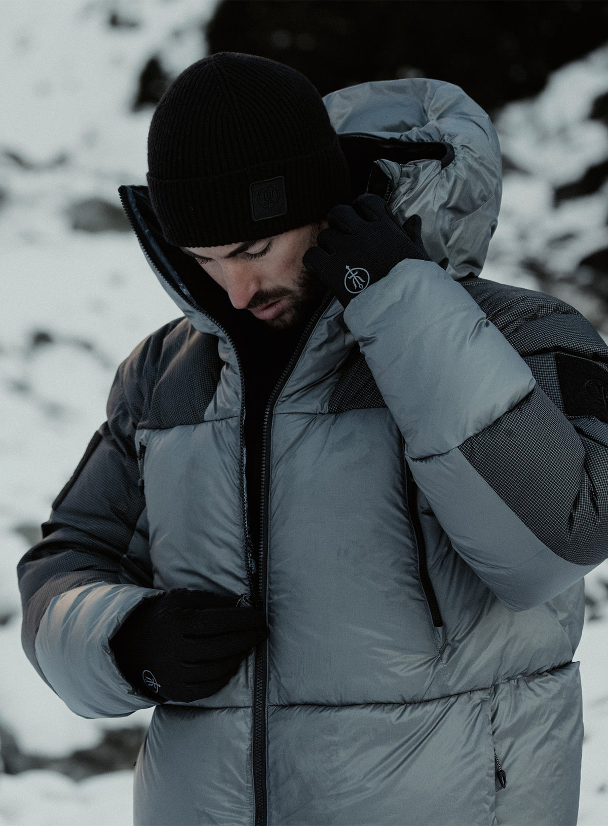 An in the field image of Breach Jacket in Antimony Grey (ITF)