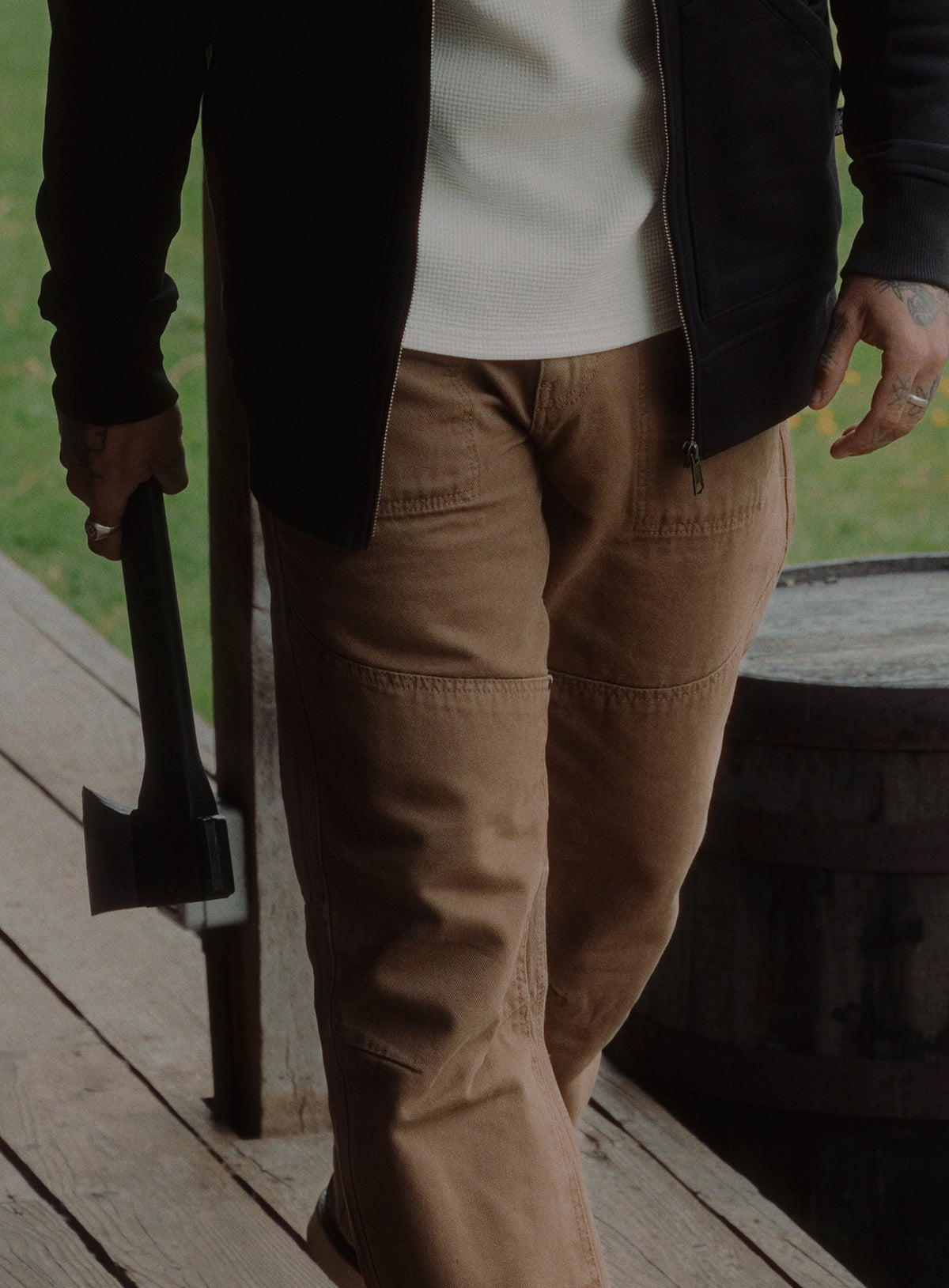 An in the field image of Men's Dissident Canvas Trousers in Coyote Brown (ITF)