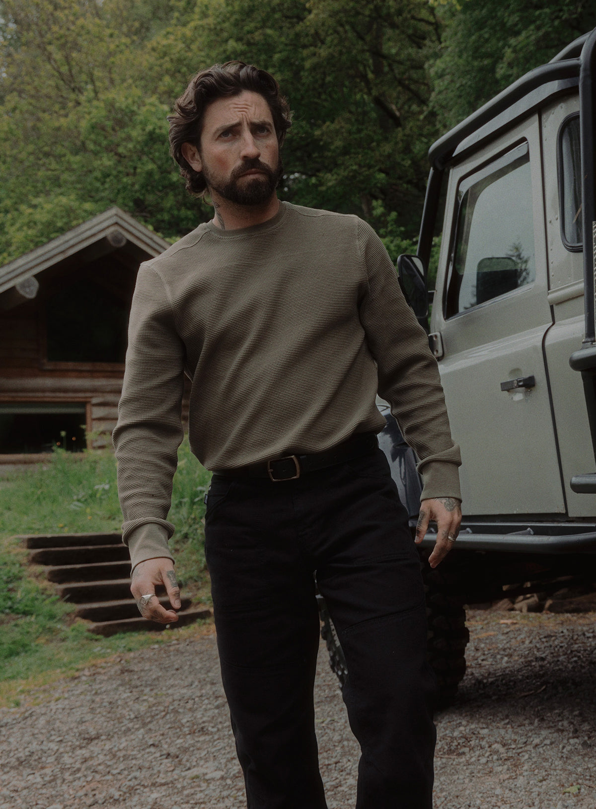 An in the field image of Men's Dissident Waffle Long Sleeve T-Shirt in Khaki (ITF)