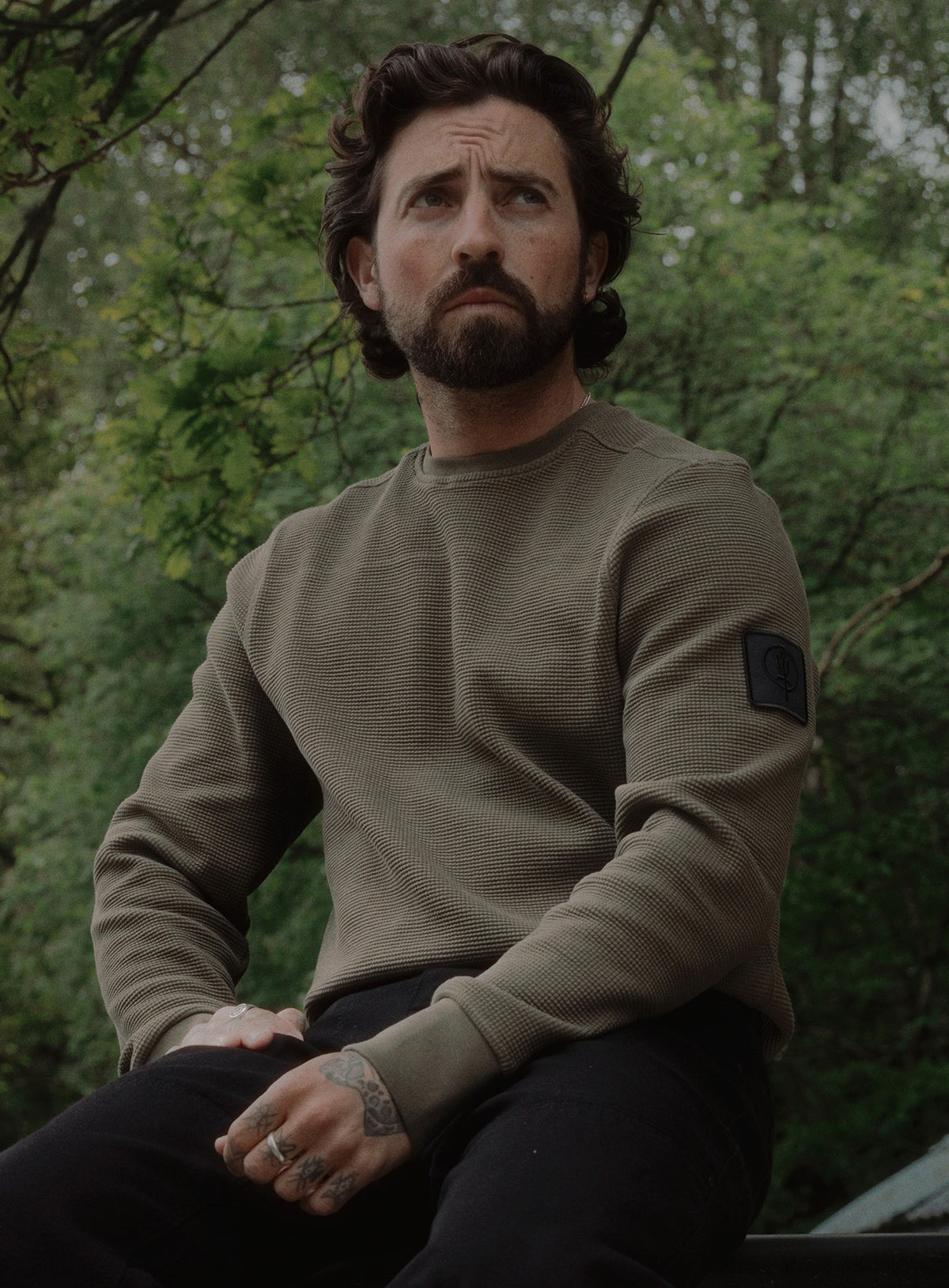 An in the field image of Men's Dissident Waffle Long Sleeve T-Shirt in Khaki (ITF)