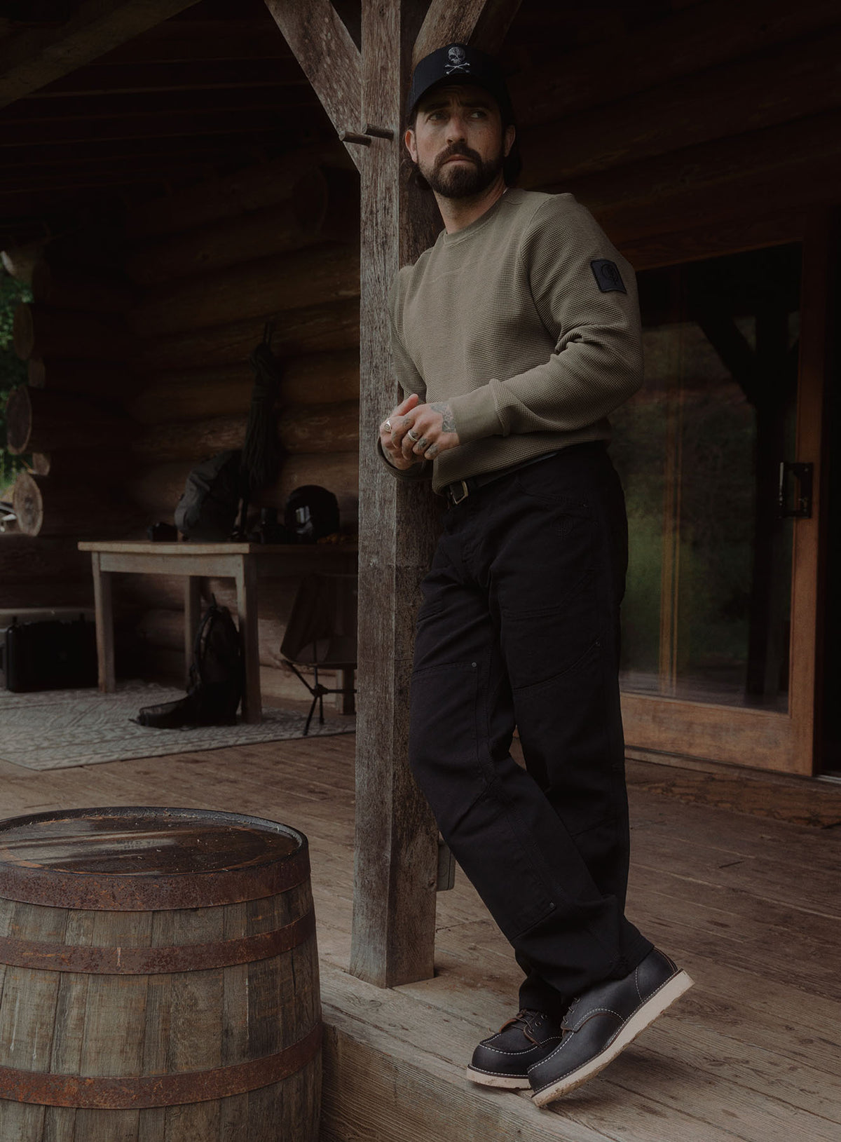 An in the field image of Men's Dissident Waffle Long Sleeve T-Shirt in Khaki (ITF)