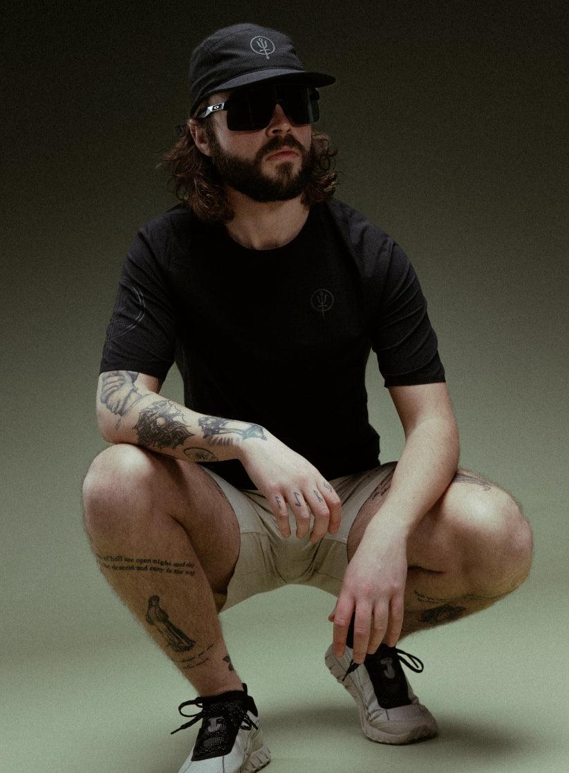 A creative studio shot of Force Trail Running T-Shirt in Obsidian Black (CS)