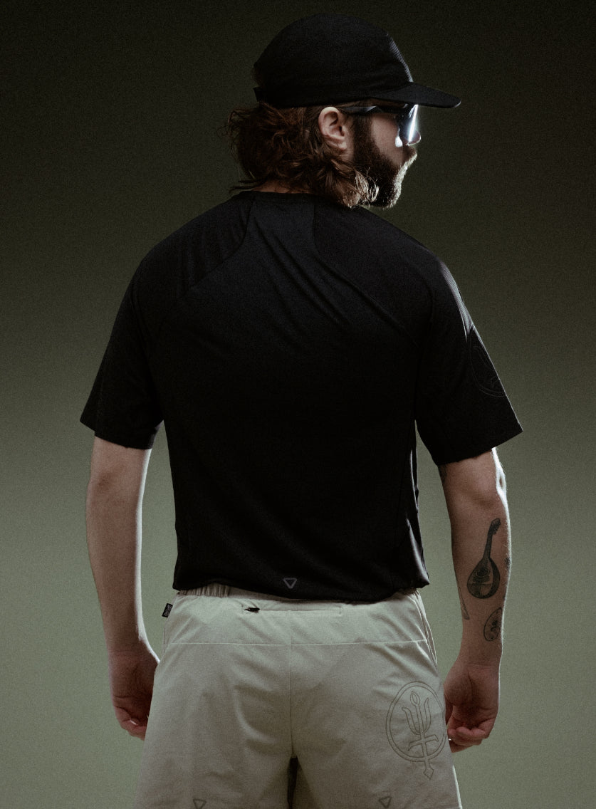 A creative studio shot of Force Trail Running T-Shirt in Obsidian Black (CS)