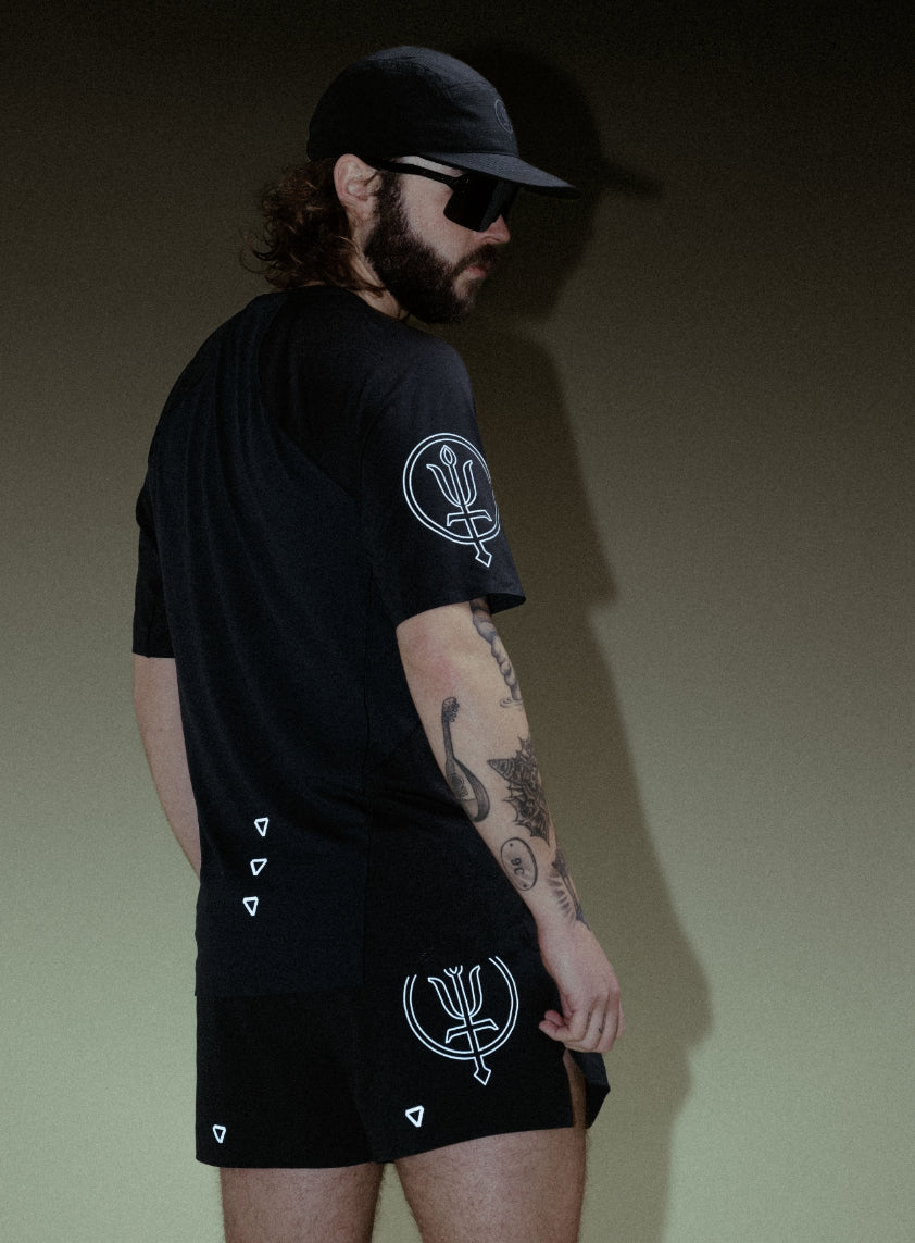 A creative studio shot of Force Trail Running T-Shirt in Obsidian Black (CS)