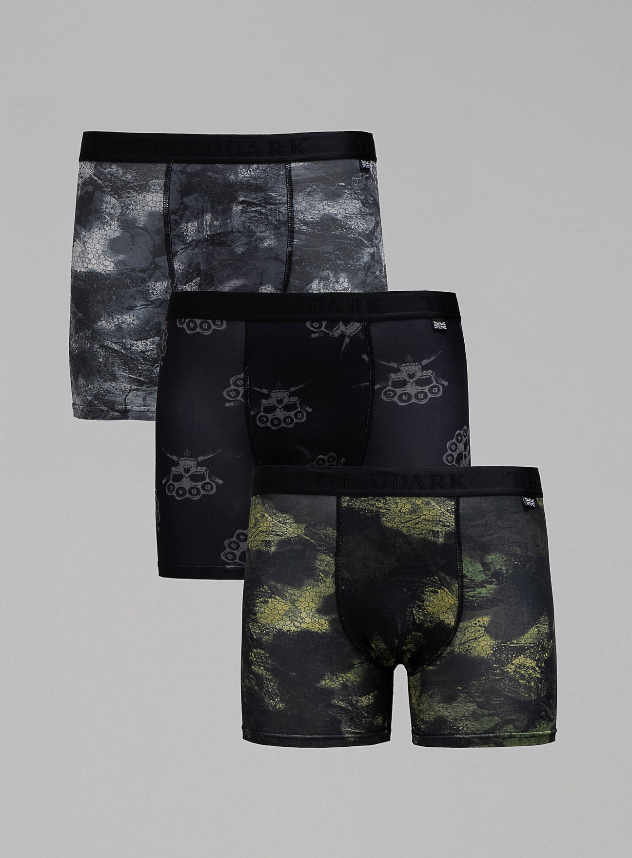 Men's Black Printed Shadow Active Boxer 3 Pack Underwear | ThruDark