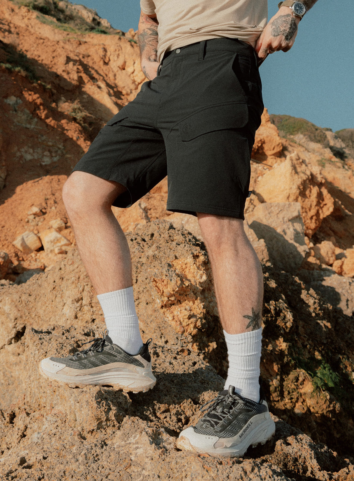 An in the field image of Men's Strike Shorts in Obsidian Black (ITF)